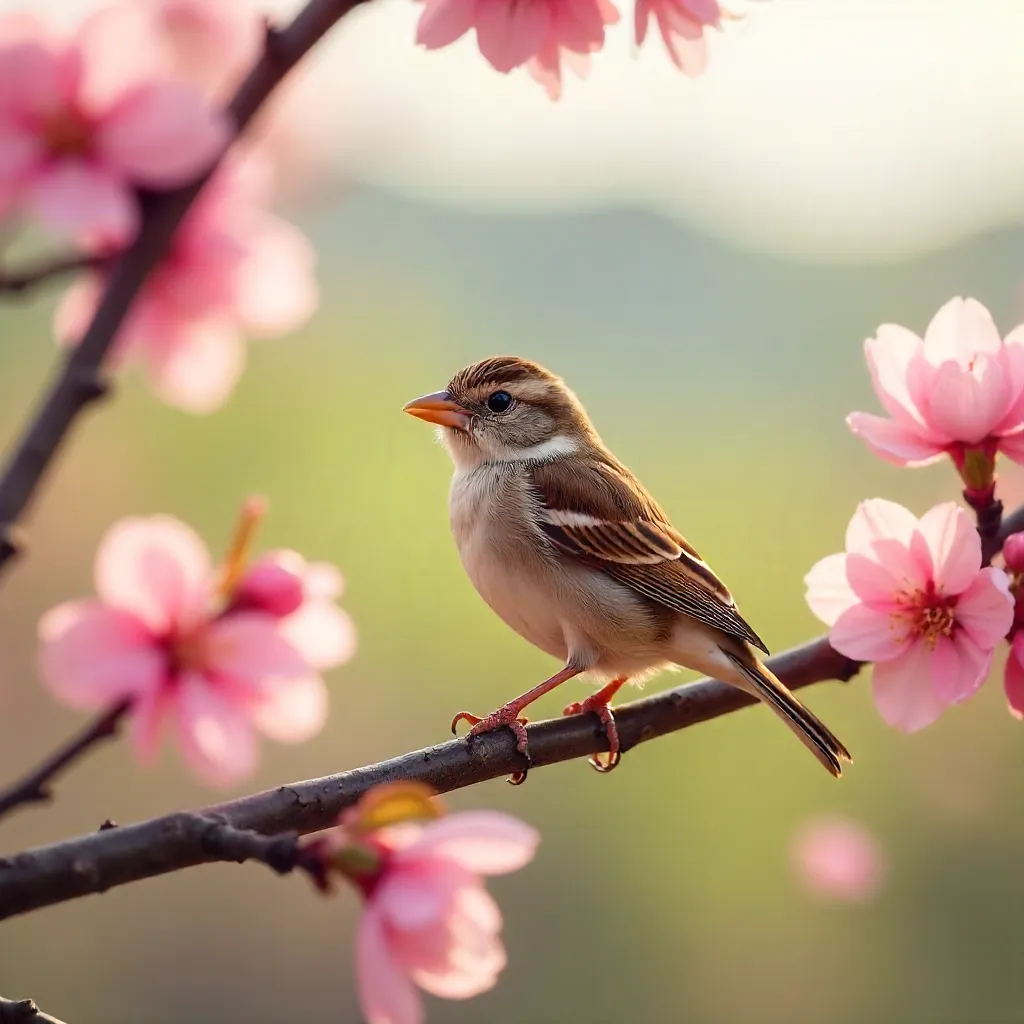 Charming Sparrow Amid Soft Cherry Blossoms in Spring