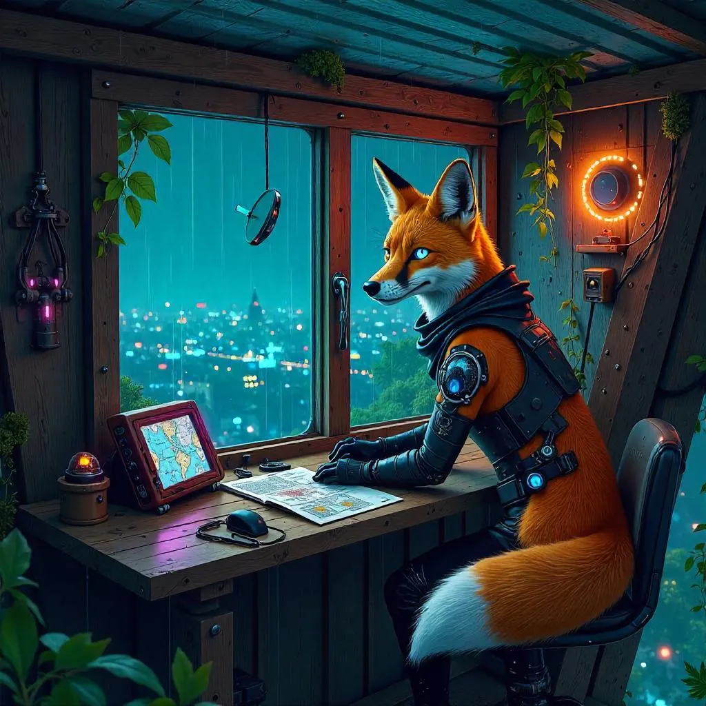 Neon Fox in a Cyberpunk Tree House