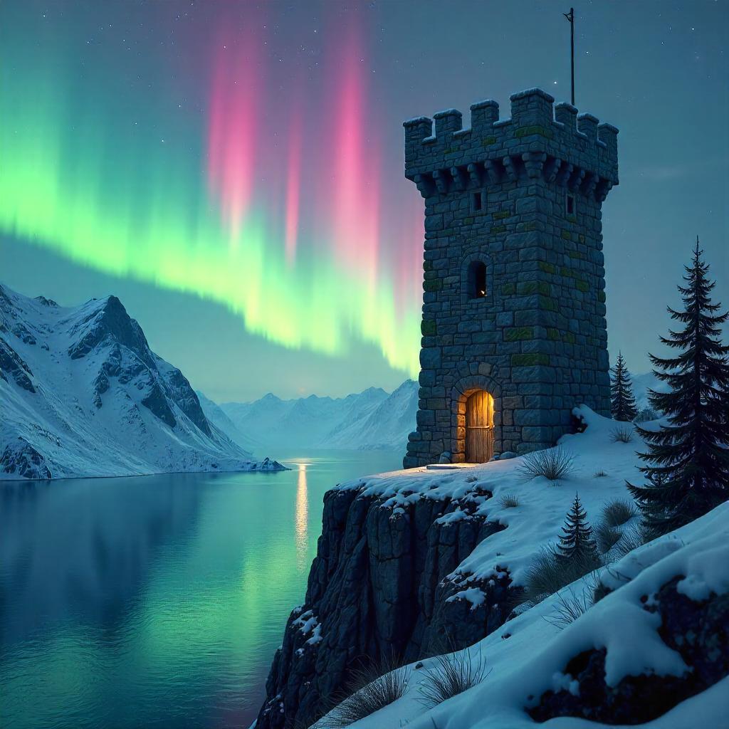 Tower Beneath the Northern Lights: A Photoreal Scene