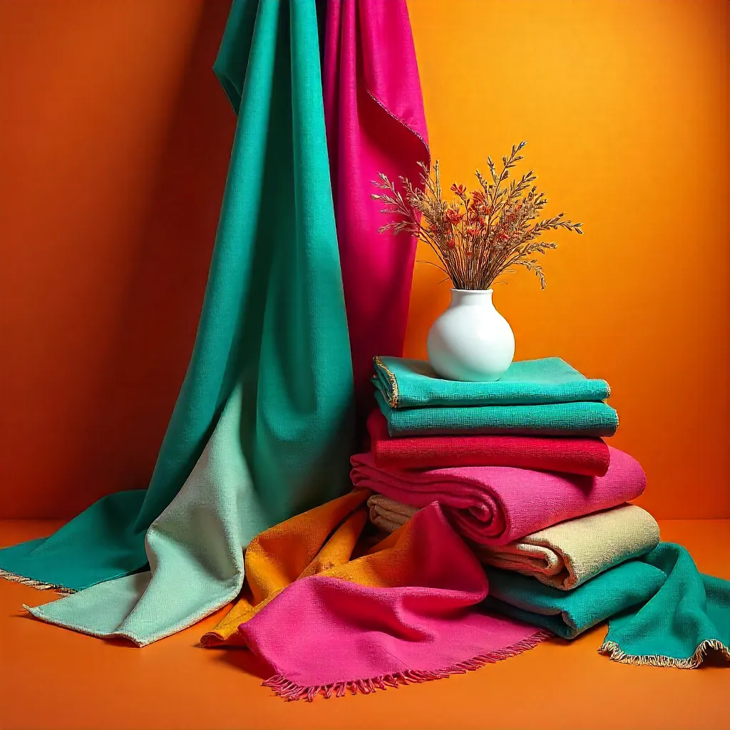 Bright Textiles and Vase Against a Rich Orange Backdrop