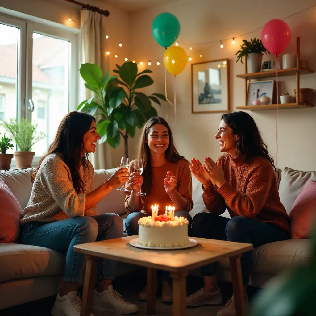 Three Adult Women Celebrate Indoors with Balloons and Cake