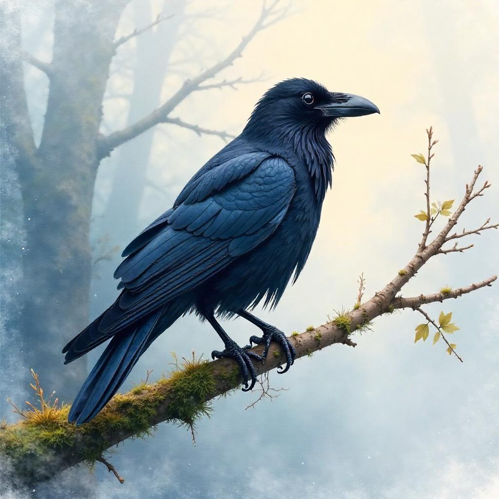 Raven in Morning Mist: Watercolor Study