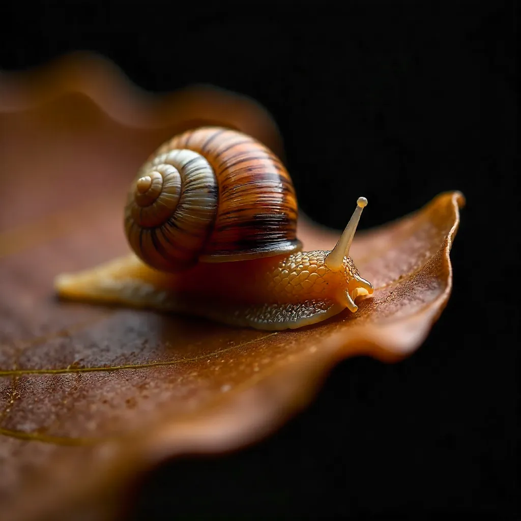 Macro Snail on a Curled Brown Leaf in Darkness