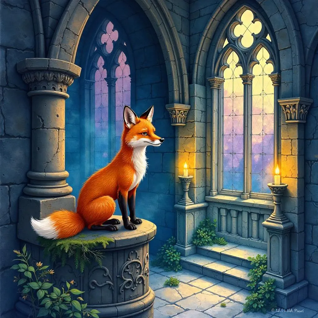 Fox in a Moonlit Vampire Castle — Watercolor