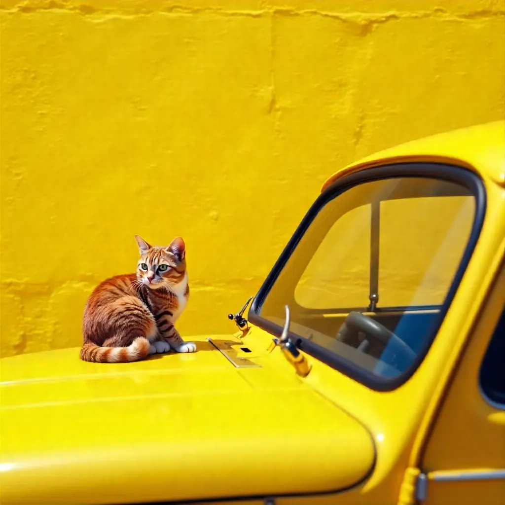 Curious Orange Tabby on a Yellow Car Roof