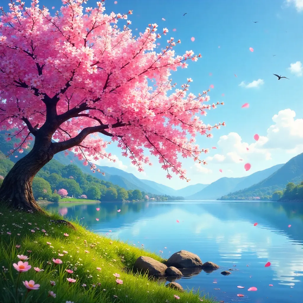 Cherry Blossom Lakeside in Spring Under Clear Sky