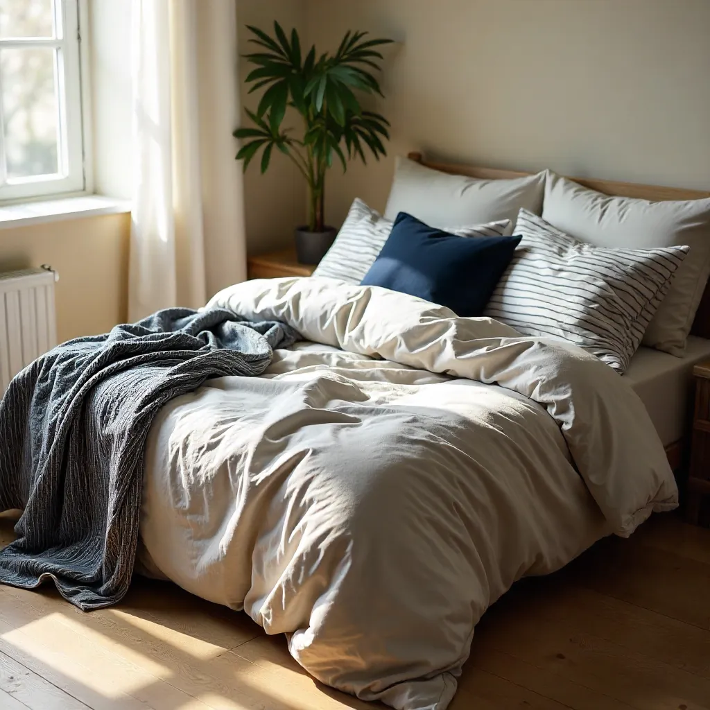 Cozy Unmade Bed with Striped Bedding