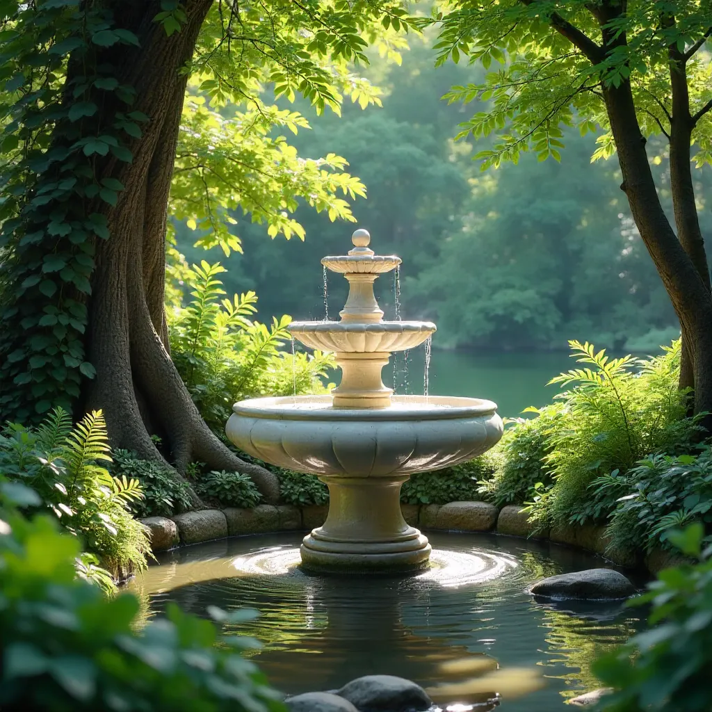 Elegant Marble Fountain in Lush Garden