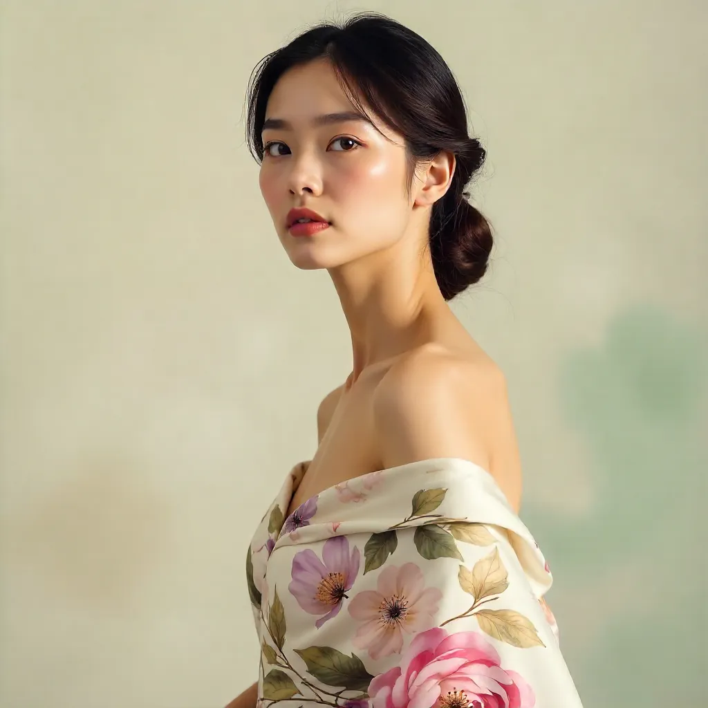 Serene Floral Portrait of an Elegant Woman in Silk