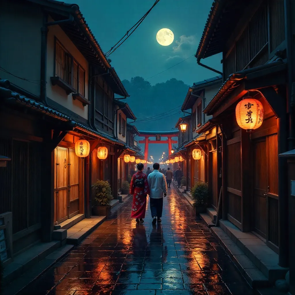 Lantern-lit Night in a Traditional Japanese Street