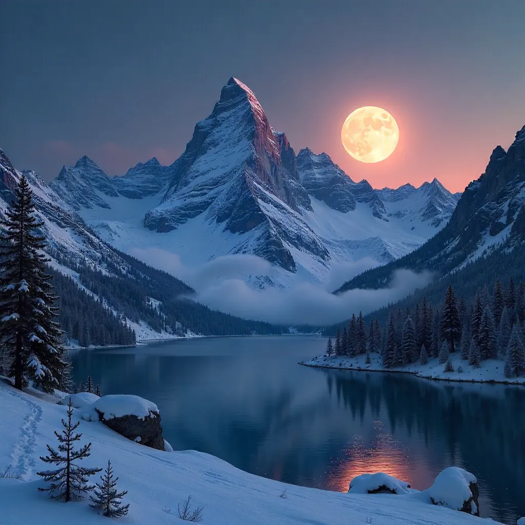 Moonrise Over Snow-Capped Peaks at Dusk