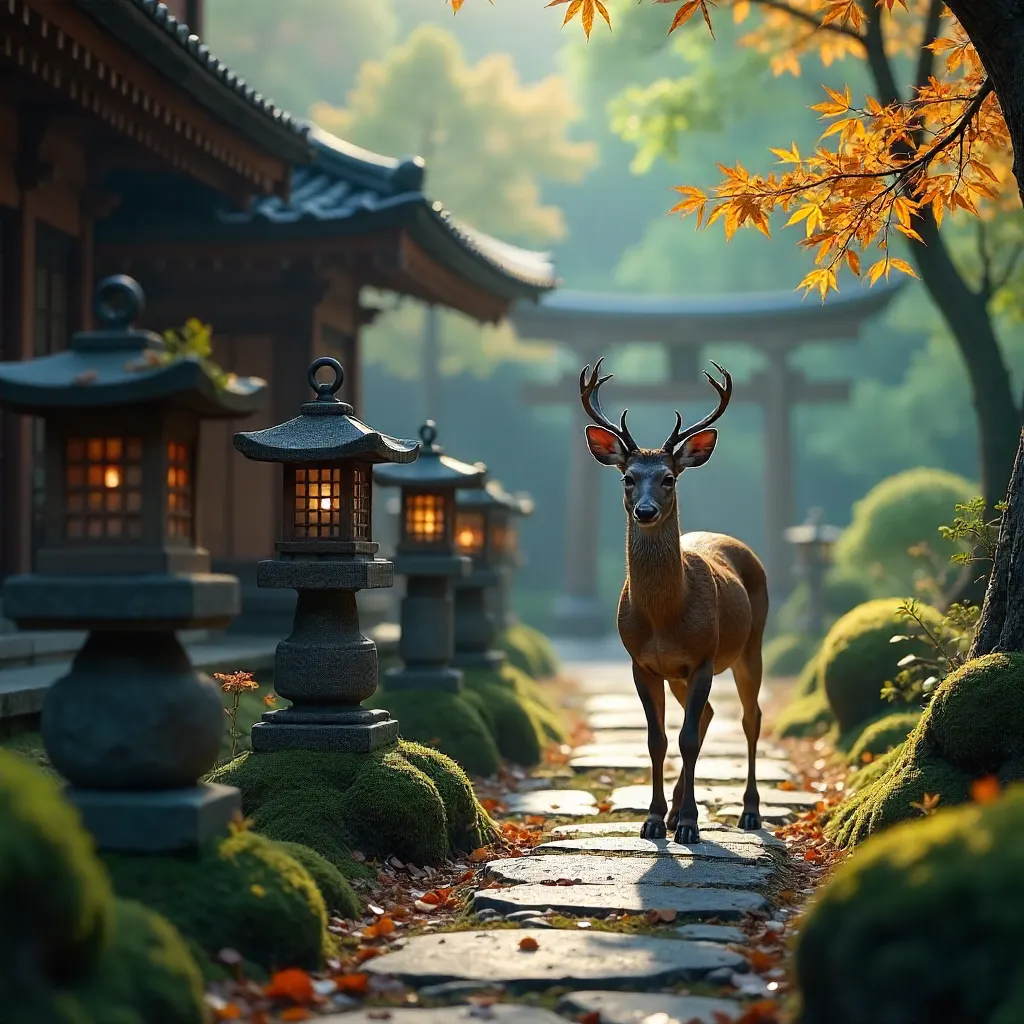 Deer in a tranquil Japanese temple garden