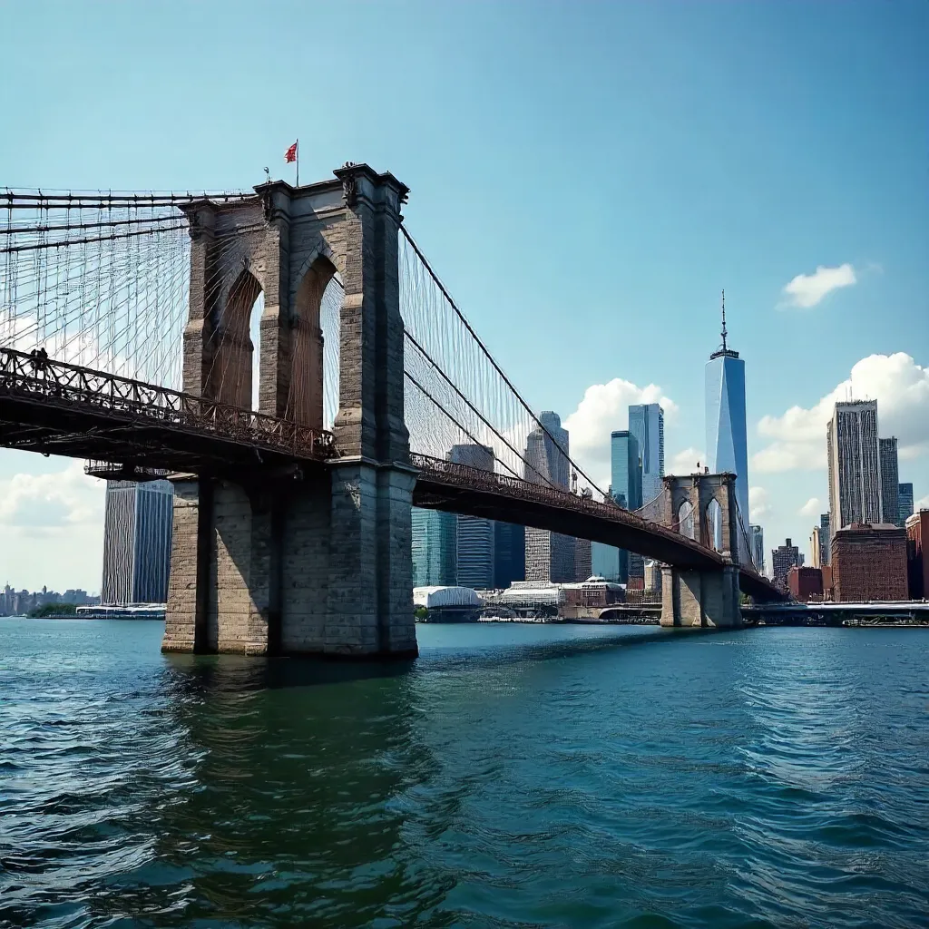 Blue Sky Brooklyn Bridge and Manhattan Skyline