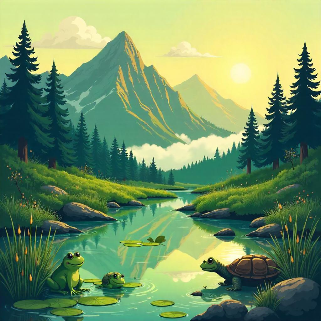 Whimsical Mountain-Valley Swamp Scene