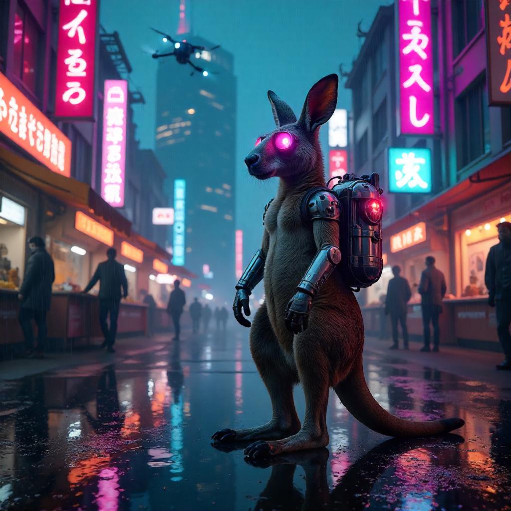 Neon Kangaroo in the Cyberpunk Town Square