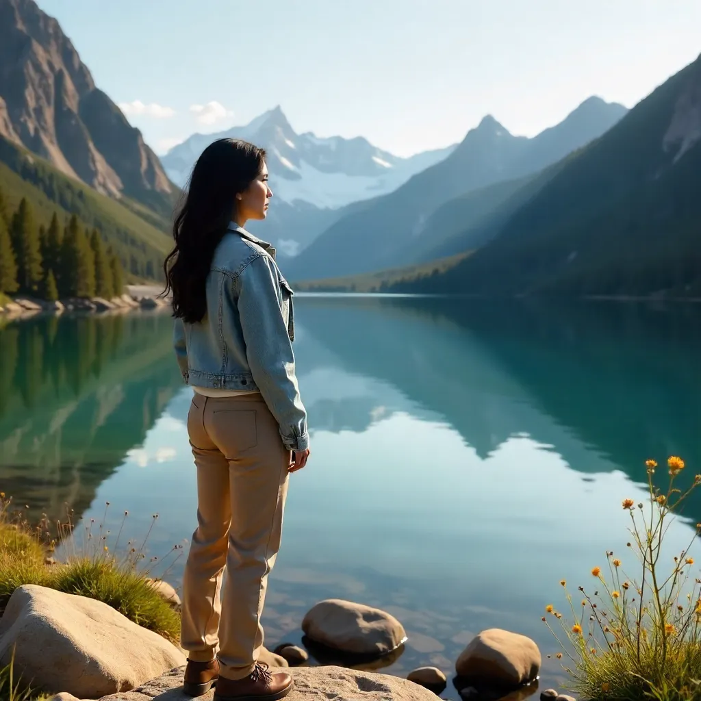 Latina Woman by a Mountain Lake, Photorealistic