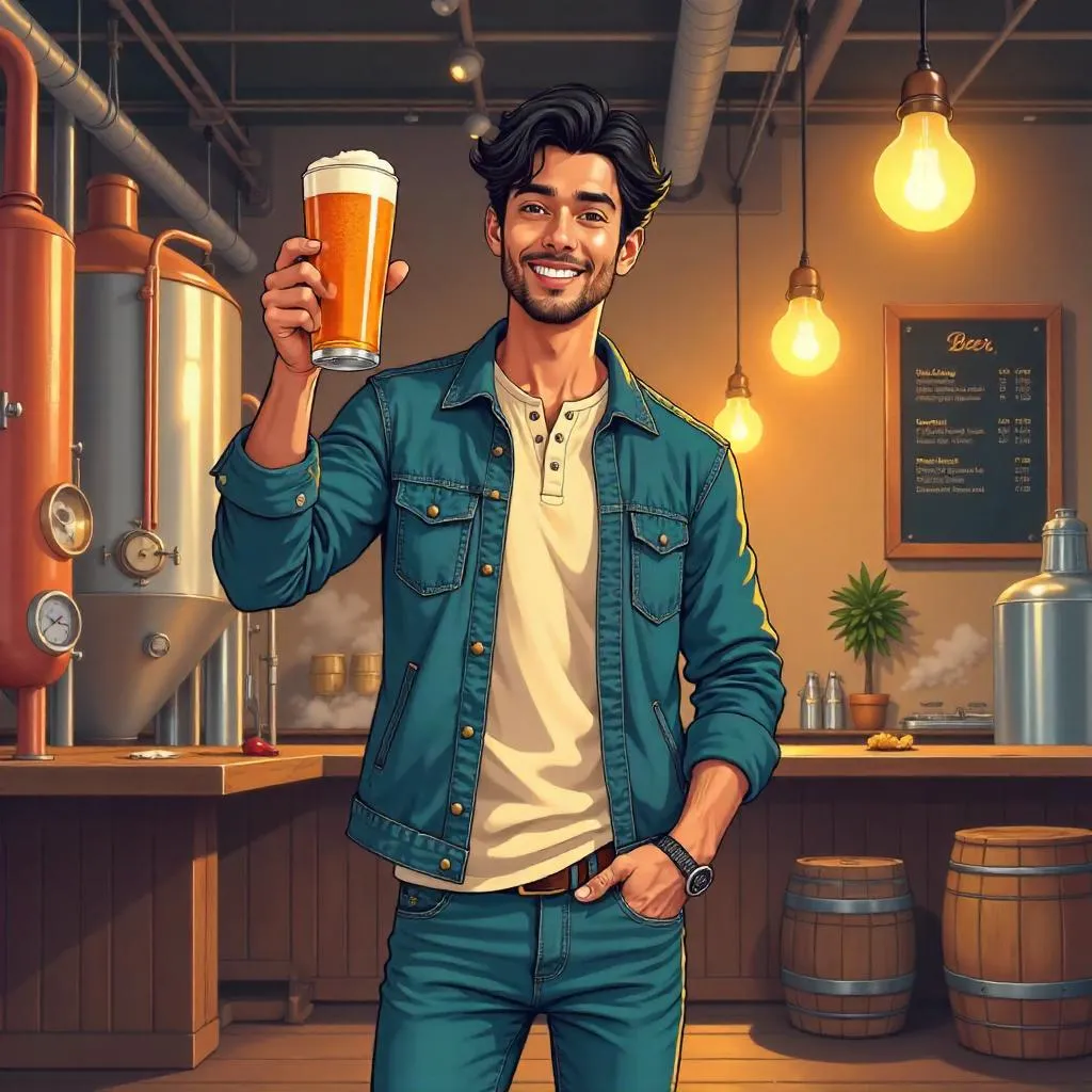 Anime Indian Man at a Lively Brewery