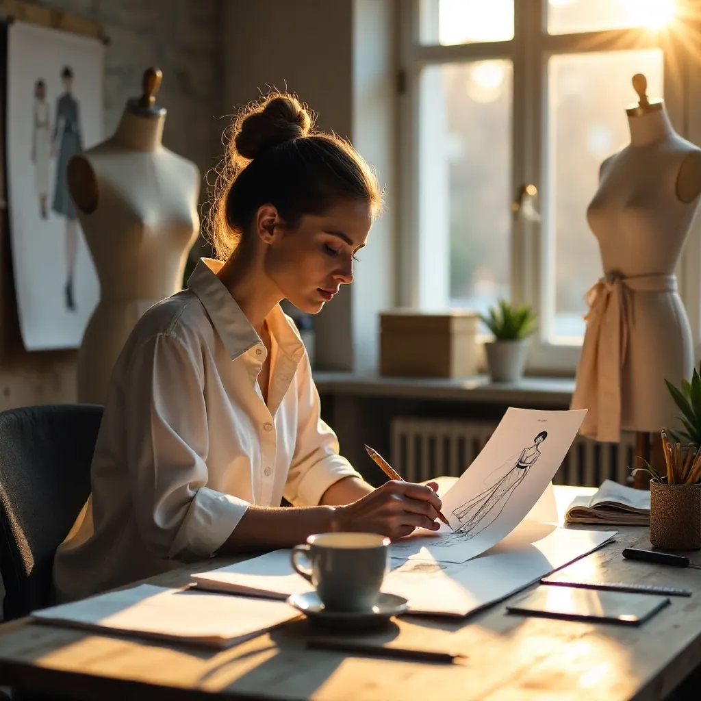 Creative Studio: Woman Examines Fashion Sketches