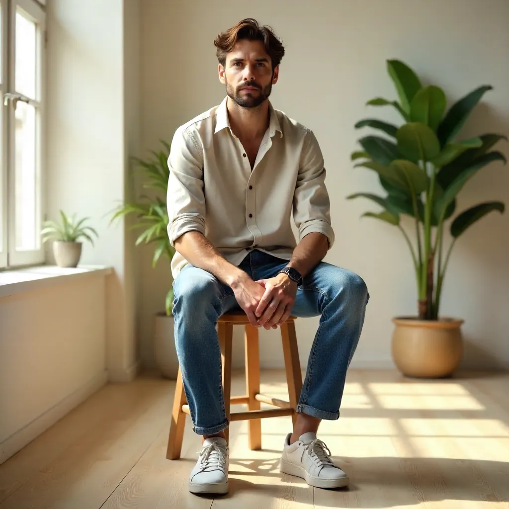 Casual Man on a Stool in a Bright Studio