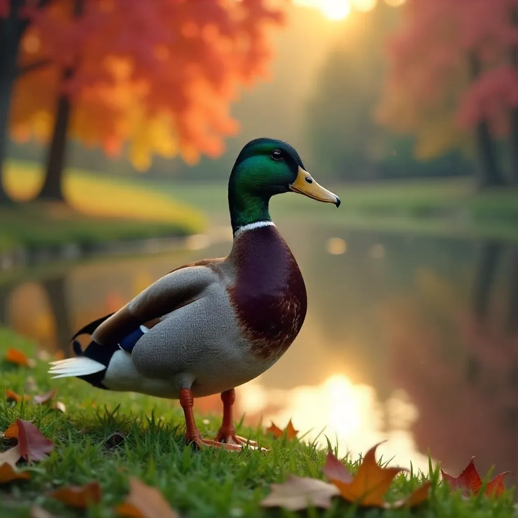 Mallard on Autumn Shore by Golden Water