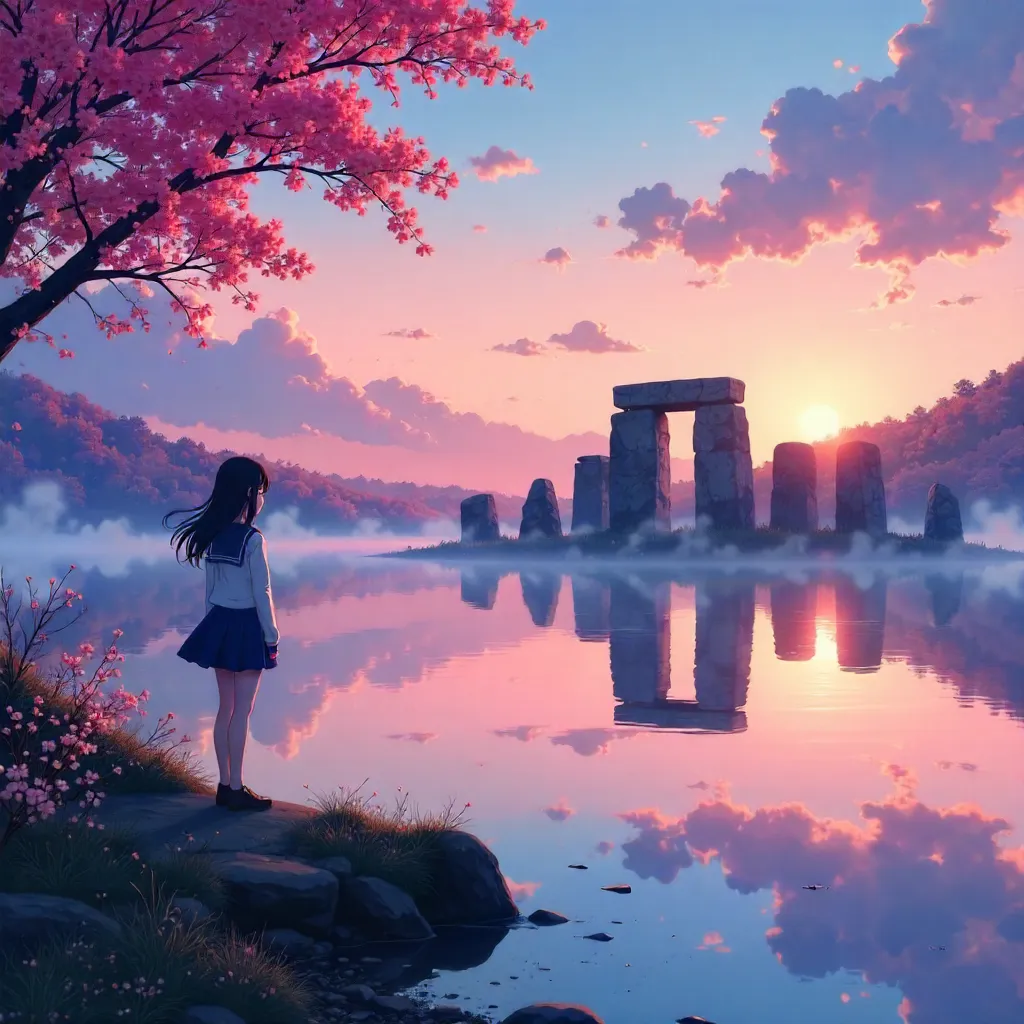 Anime-Style Lake by Stonehenge at Dusk