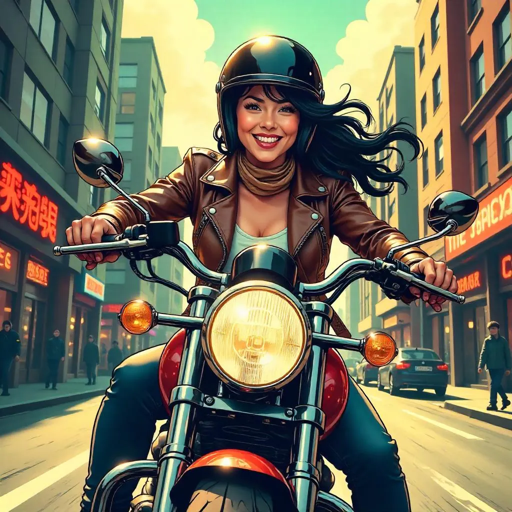 Cheerful Asian Woman on a Motorcycle — Comic Book Style