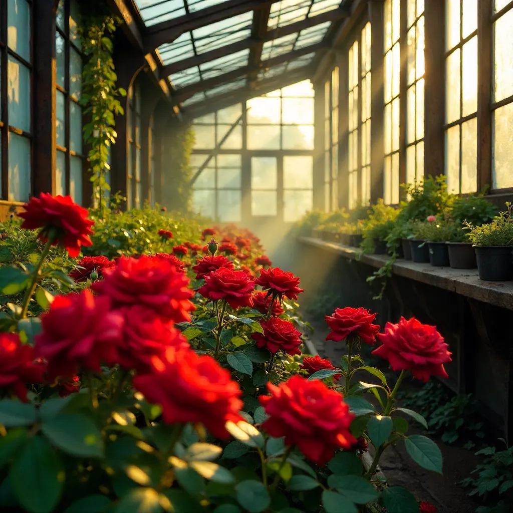 Sunlit Red Blooms in an Aged Glass Greenhouse