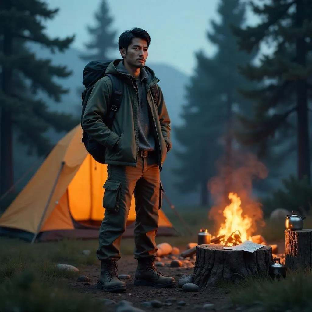 Confident Asian Man at a Camping Site