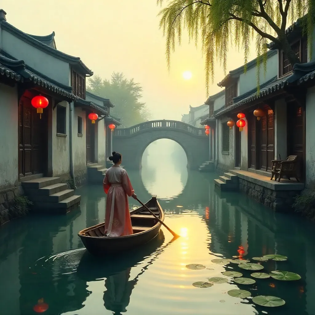 Rowing Through Jiangnan Water Town in Traditional Attire