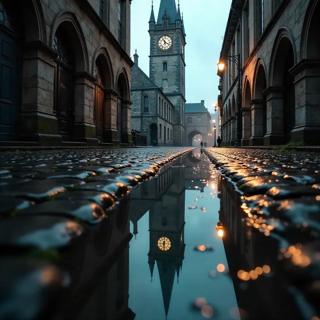 Reflected Clock Tower in Rain on Cobblestones