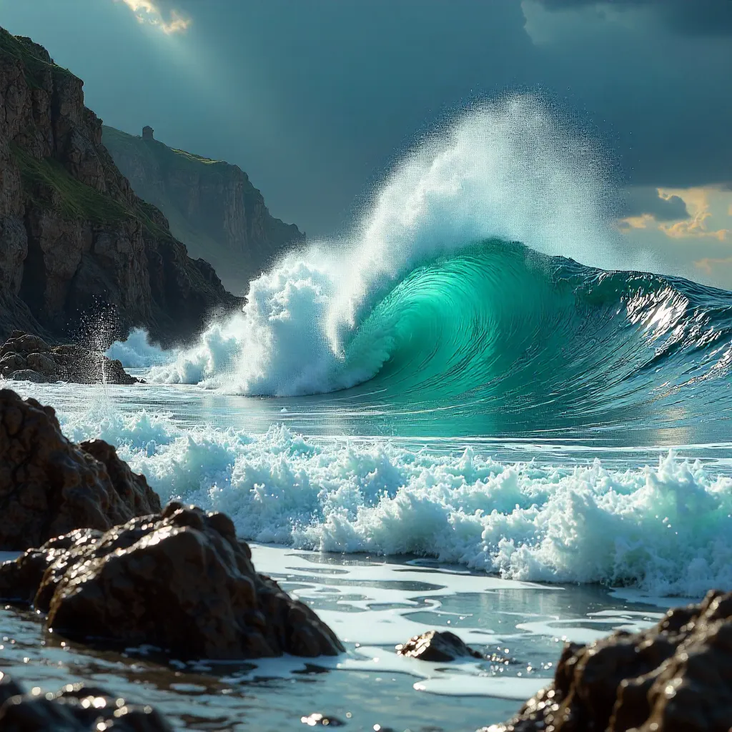Turquoise Waves Crash on Rugged Coastal Rocks