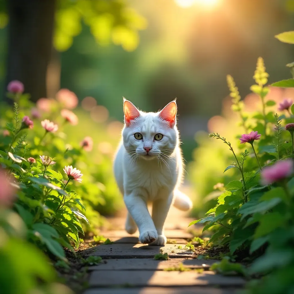 Sunlit White Cat on a Green Garden Path