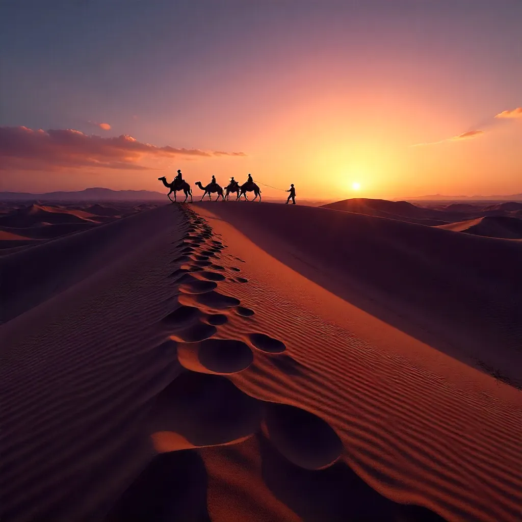 Silhouetted Camels and Wanderer at Merzouga Twilight