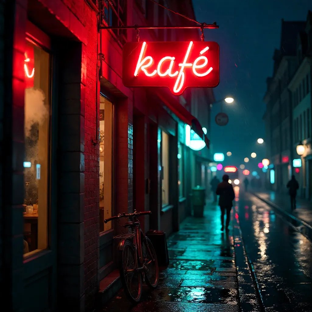 Neon Kafe on a Rainy Night: Urban Glow