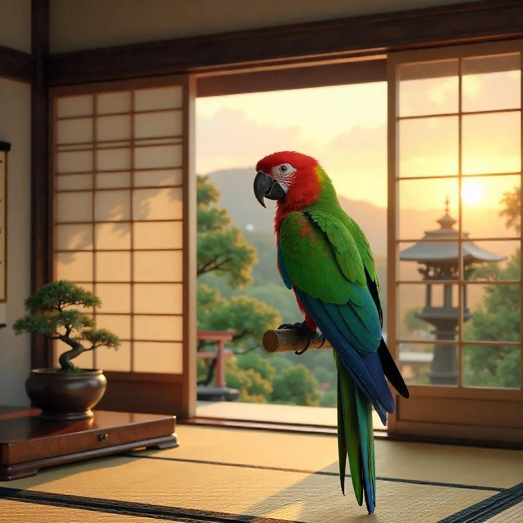 Parrot in a Feudal Japan Tea Room — 3D Render