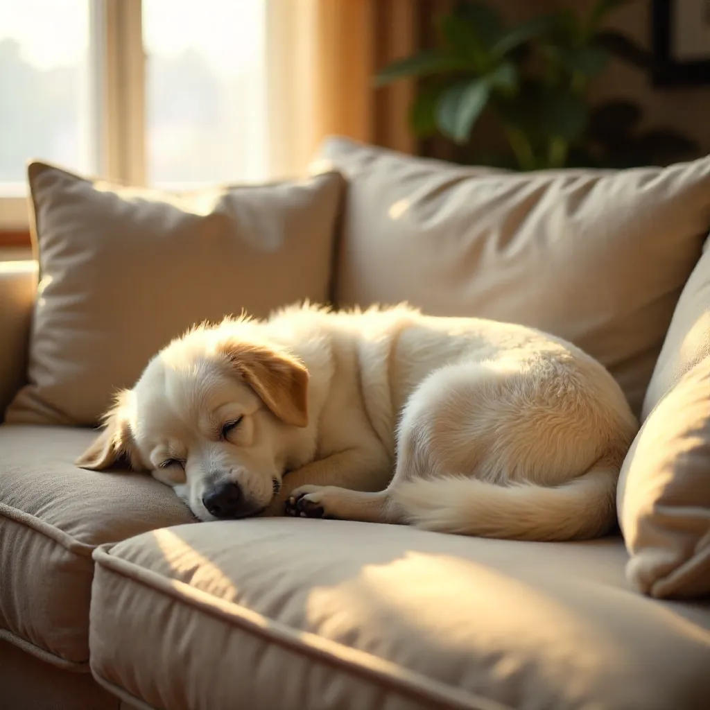 Sunny Nap: Fluffy White Dog on a Couch