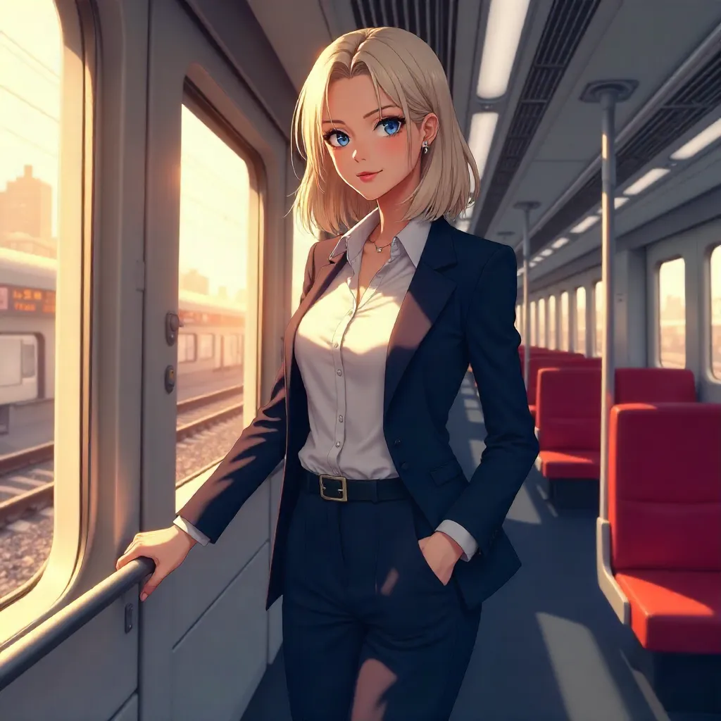 Confident White Woman in Anime Train Scene