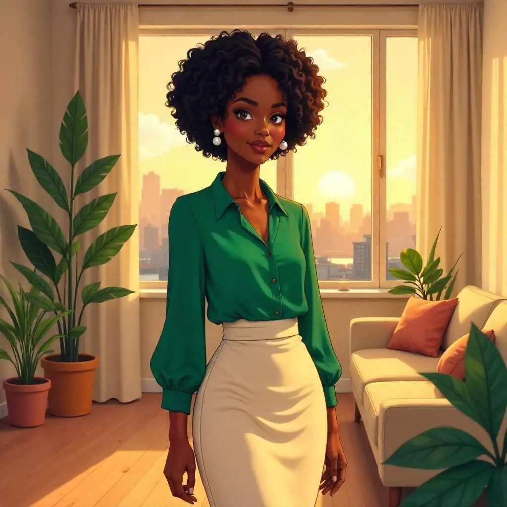 Elegance in Anime: Black Girl in a Modern Apartment