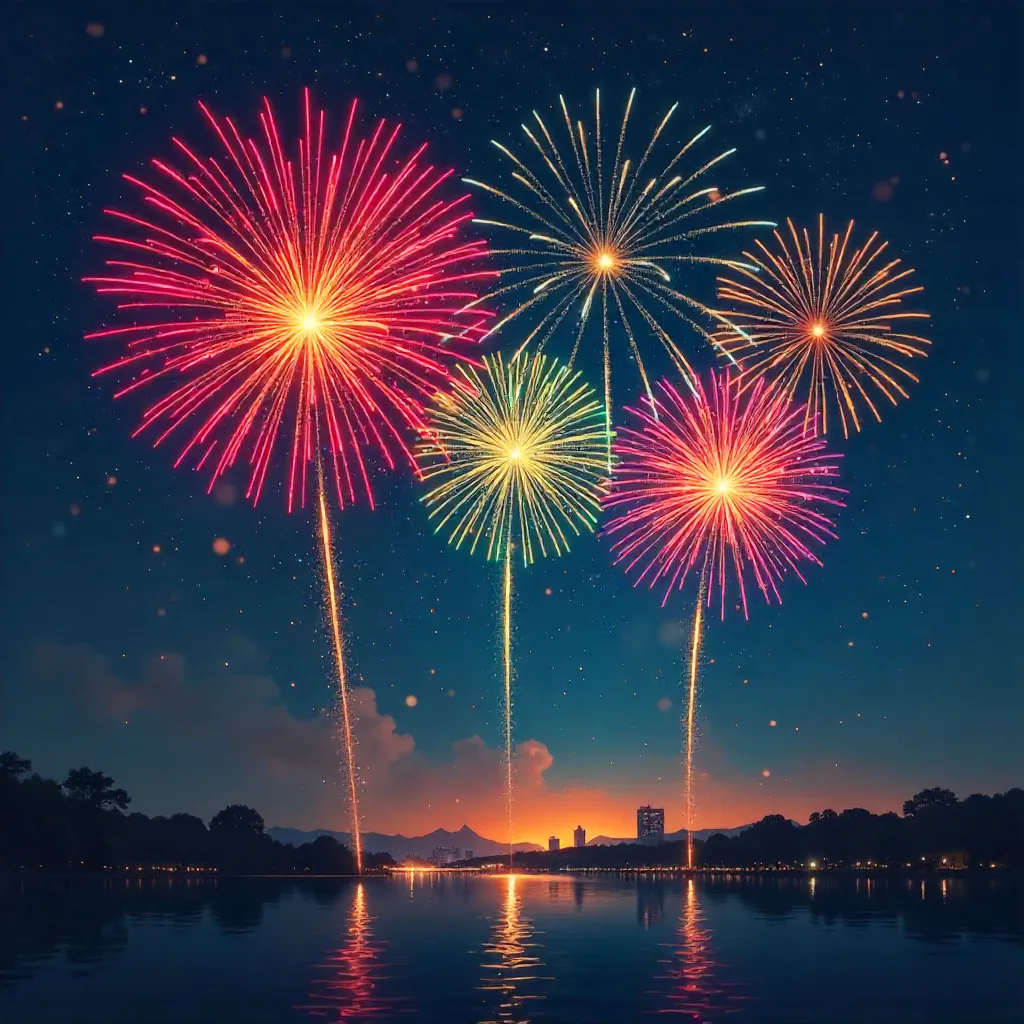 Bursting Colorful Fireworks Over Dark Night Sky