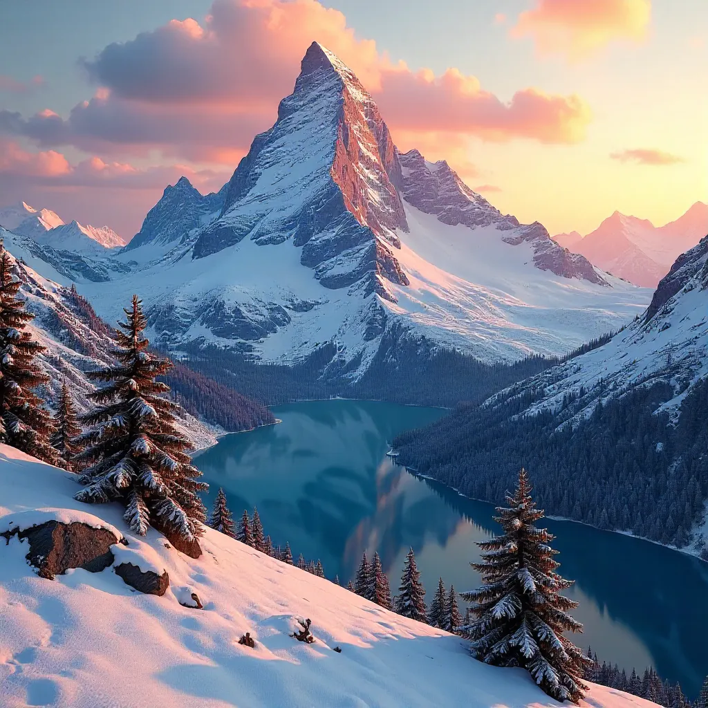 Sunrise Glow on Snow-Capped Alpine Peak