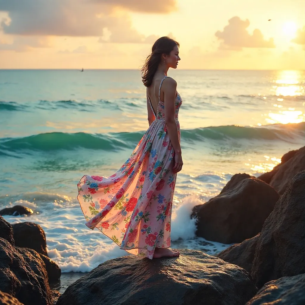 Tranquil Seascape: Woman in Floral Dress on Rocks