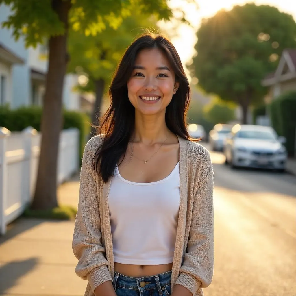 Golden Hour Portrait of an Asian Woman in Suburban Street