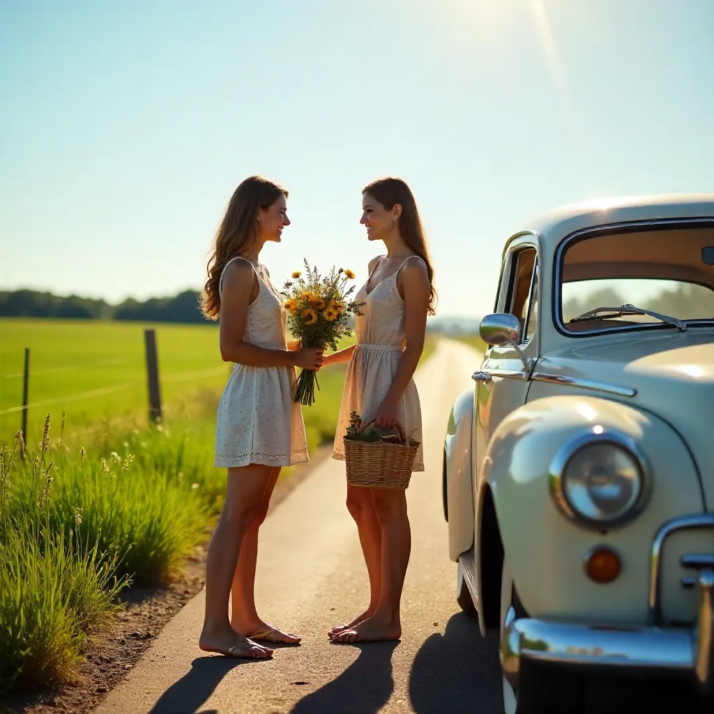 Sunlit Rural Road: Two Women with Flowers