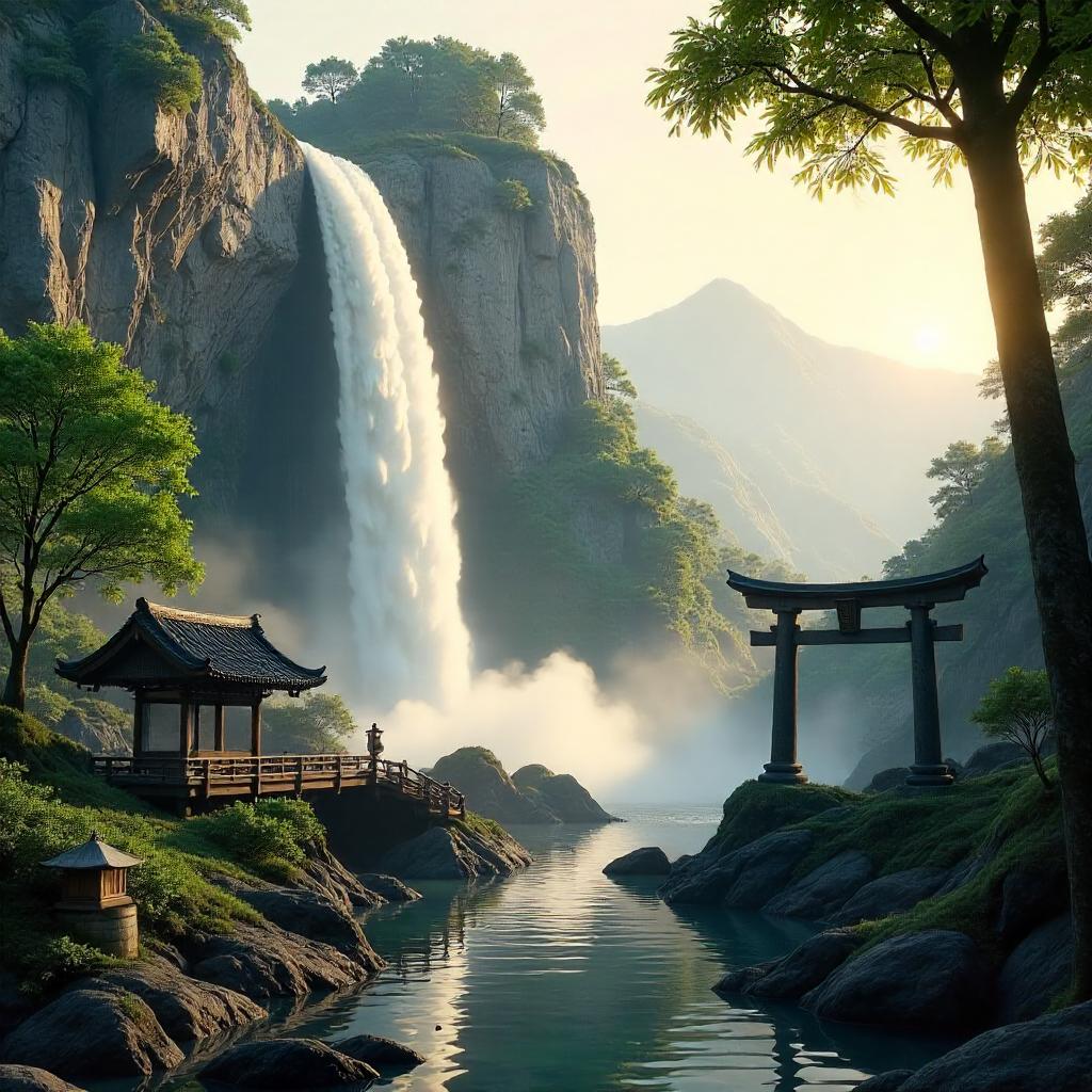 Feudal Japan Waterfall: 3D Photoreal Render