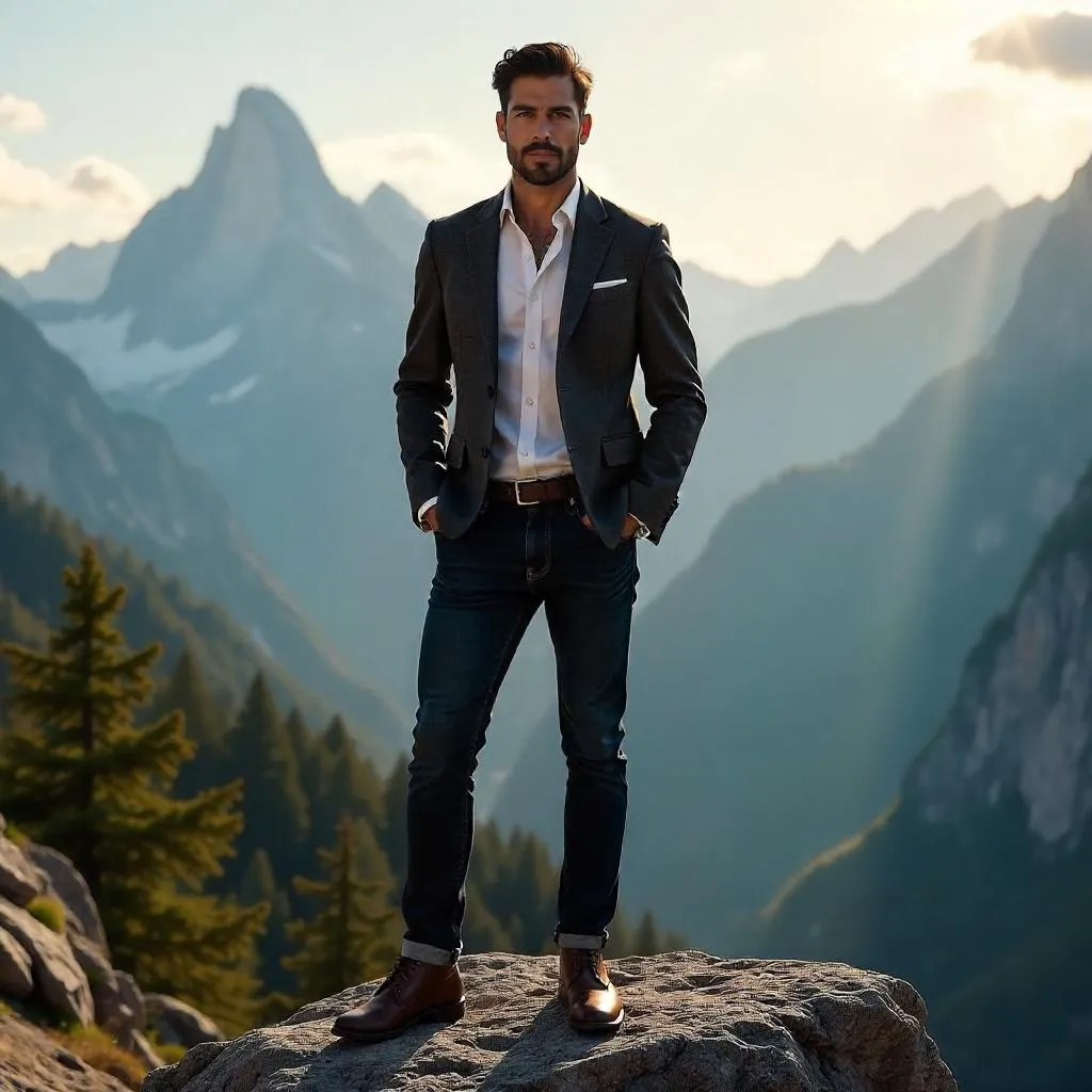 Elegant Latino Man in a Sunlit Mountain Landscape