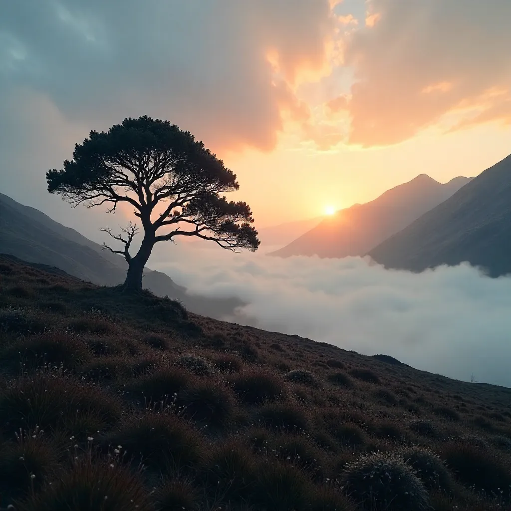 Mist-Kissed Sunrise Over a Highland Silhouette