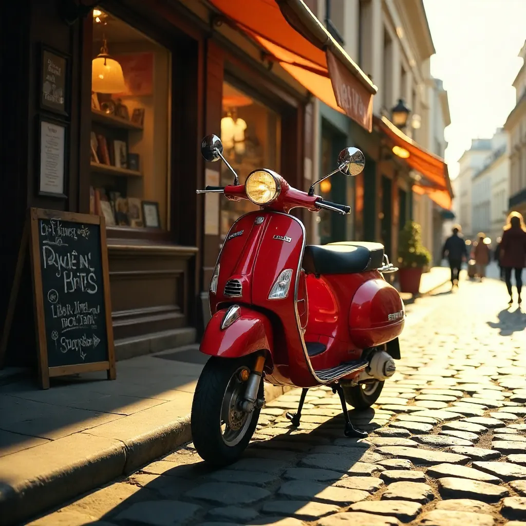 Sunlit Red Scooter by the Bookstore