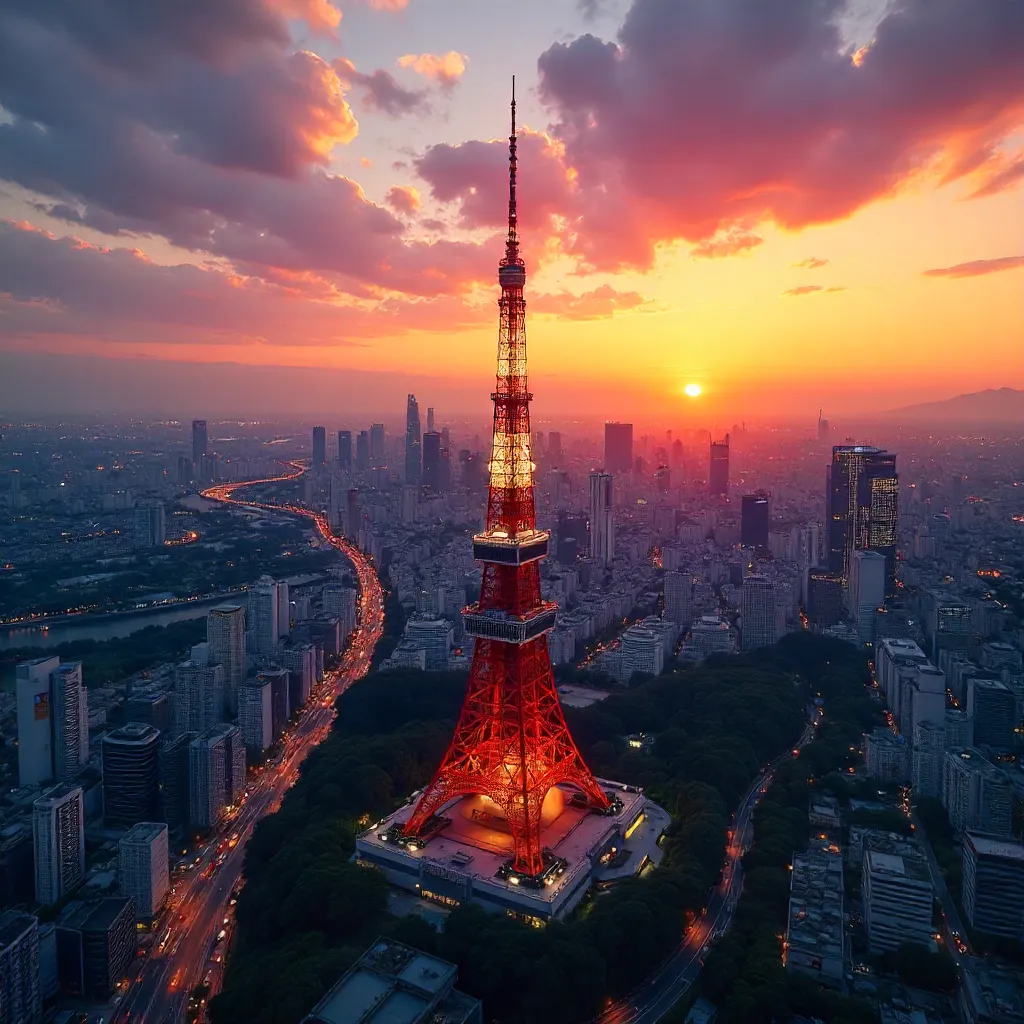 Aerial Sunset Over Tokyo Tower and Cityscape