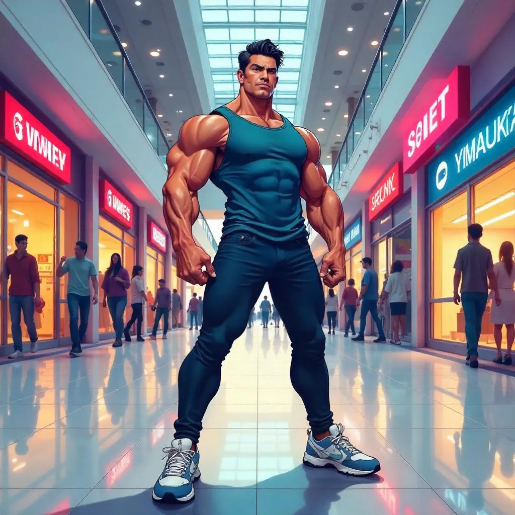 Muscular Asian Hero in a Cartoon Mall