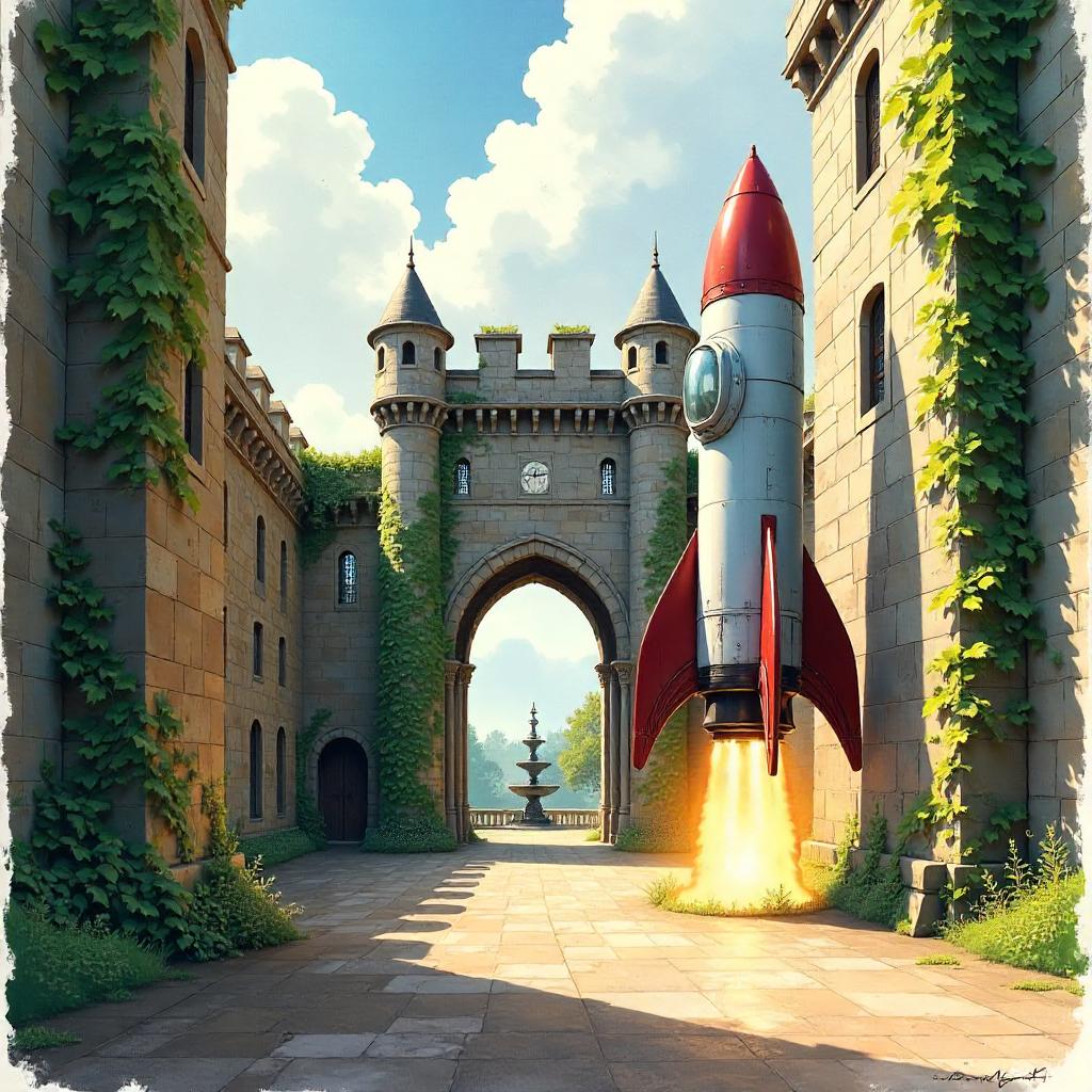 Rocket in a Castle Courtyard: Watercolor Dream
